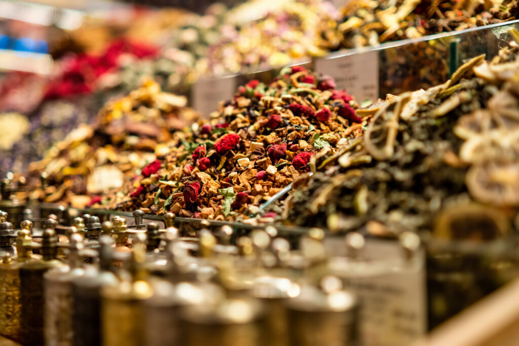 Local Turkish delices and tea in the Grand Bazar market Masale Caya
